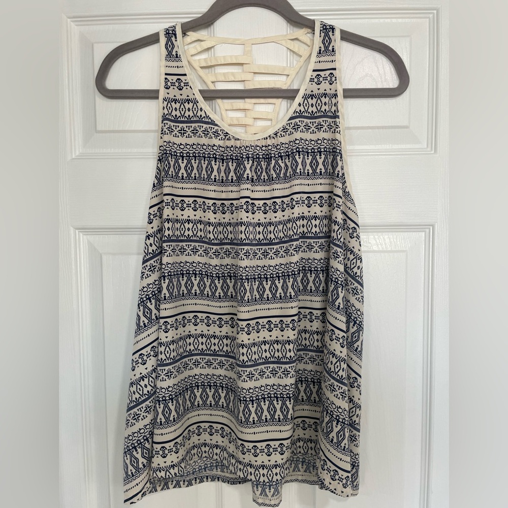 Patterned Sleeveless Top - Blue and Cream